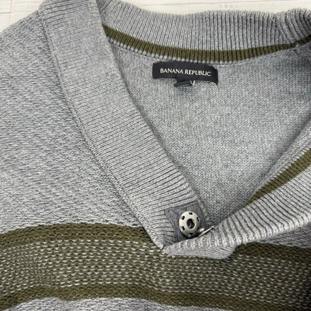 Banana Republic Men XL Traveler Stripe Shawl Collar Pullover Sweater Gray Cotton